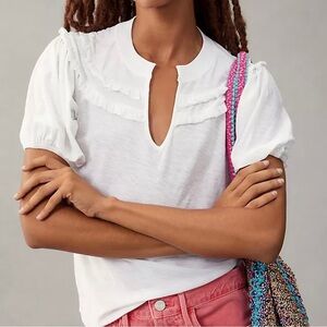 NATION LTD Judith Yoked Tee White Size XXL Ruffles 100% Pima Cotton